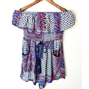 Band Of Gypsies Romper Blue/Red Floral Aztec Strapless Boho Print SZ M